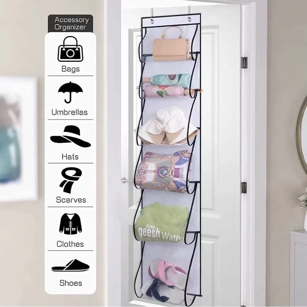 MISSLO 6 Clear Pockets Over Door Organizer for Handbags,Caps,Accessories (White)